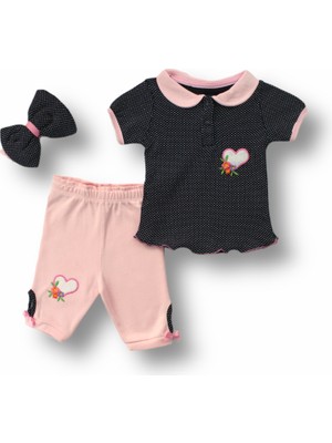 S&P Store Kız Bebek 3'lü Yazlık Takım Çiçekli Uzayın Kalbi Pembe-Lacivert 3-6 Ay, 4-Tkm 75515