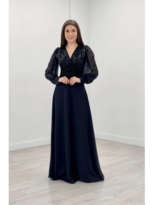 giyimmasalı Payet Kumaş Kolları Tül Abiye Elbise - Siyah