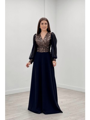 giyimmasalı Payet Kumaş Kolları Tül Abiye Elbise - Gold