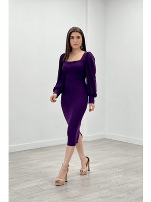 giyimmasalı Krep Kumaş Kare Yaka Kalem Elbise - Patlıcan Mor