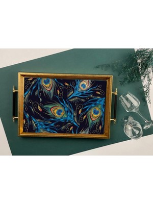 Sembol 50X31CM Kulplu Gold Tavuskuşu Tüyü Desenli Ahşap/cam Tepsi A-1018