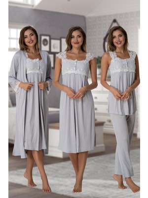Puerpera Effortt Kadın Pijama Takımı Gecelik Sabahlık Lohusa Hamile 4'lü Set 2305