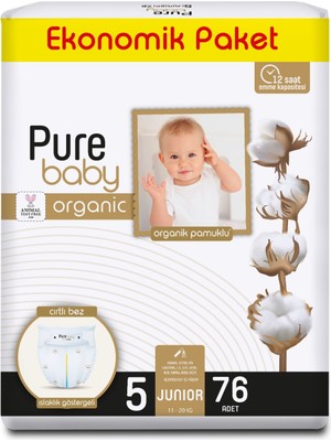 Pure Baby organik Pamuklu Cırtlı Bez Ekonomik Paket 5 Numara Junior 76 Adet
