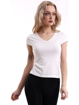 Cotton Mood 22474755 Ince Kaşkorse Ön Arka V Yaka Kısa Kol Bluz Ekru