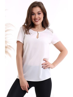 Cotton Mood 22484866 Krep Omuzu File Garnili Önü Damlalı Kısa Kol Bluz Ekru