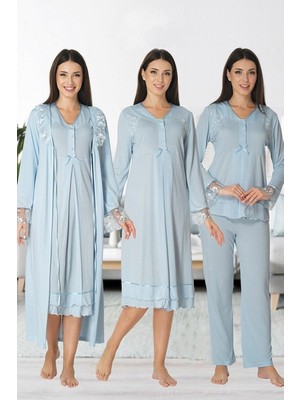 Puerpera Effortt Kadın Lohusa Hamile Gecelik Pijama Takımı Sabahlık 4'lü Set 2426