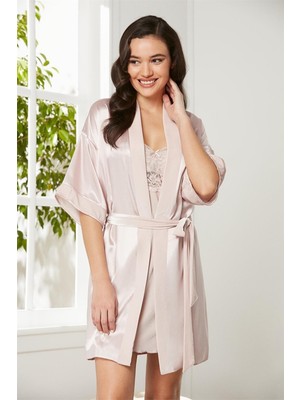 Pierre Cardin 4045 Kadın Saten Kadife Gecelik Sabahlık Takım-Pudra
