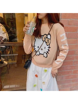 Touz Moda Anime Hello Kitty Crop Friend Oversize Süt Kahve