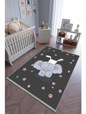 10 Post Online Çocuk Odası Halısı Gri Beyaz Yolluk Kaymaz Yuvarlak Oval Kesme Ince Yıkanabilir Halı