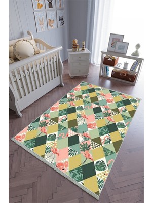 10 Post Online Çocuk Odası Halısı Yeşil Pembe Haki Yolluk Kaymaz Yuvarlak Oval Kesme Ince Yıkanabilir Halı