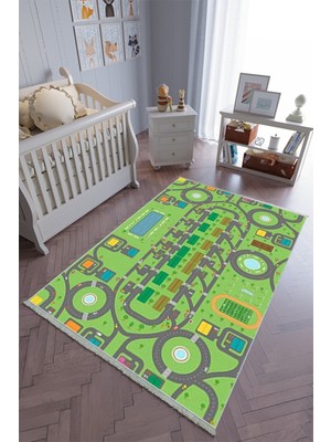 10 Post Online Çocuk Odası Halısı Yeşil Gri Yolluk Kaymaz Yuvarlak Oval Kesme Ince Yıkanabilir Halı