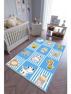 10 Post Online Çocuk Odası Halısı Mavi Turuncu Yolluk Kaymaz Yuvarlak Oval Kesme Ince Yıkanabilir Halı