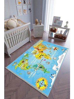 10 Post Online Çocuk Odası Halısı Mavi Yolluk Kaymaz Yuvarlak Oval Kesme Ince Yıkanabilir Halı