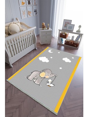 10 Post Online Çocuk Odası Halısı Gri Turuncu Yolluk Kaymaz Yuvarlak Oval Kesme Ince Yıkanabilir Halı