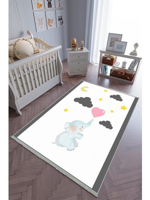 10 Post Online Çocuk Odası Halısı Gri Kız Yolluk Kaymaz Yuvarlak Oval Kesme Ince Yıkanabilir Halı