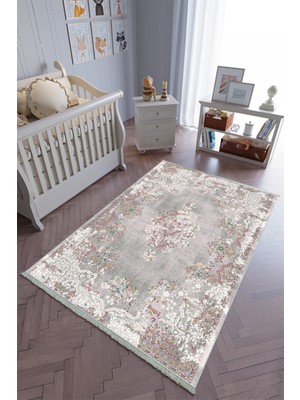 10 Post Online Çocuk Odası Halısı Gri Pembe Yolluk Kaymaz Yuvarlak Oval Kesme Ince Yıkanabilir Halı