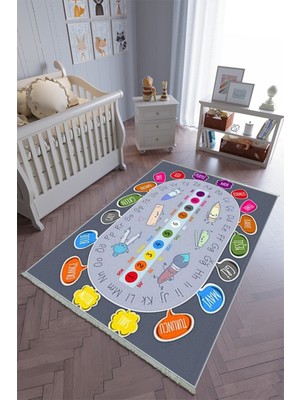 10 Post Online Çocuk Odası Halısı Gri Yolluk Kaymaz Yuvarlak Oval Kesme Ince Yıkanabilir Halı