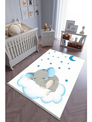 10 Post Online Çocuk Odası Halısı Mavi Beyaz Yolluk Kaymaz Yuvarlak Oval Kesme Ince Yıkanabilir Halı