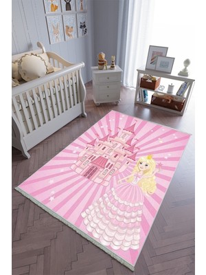 10 Post Online Çocuk Odası Halısı Pembe Prenses Yolluk Kaymaz Yuvarlak Oval Kesme Ince Yıkanabilir Halı