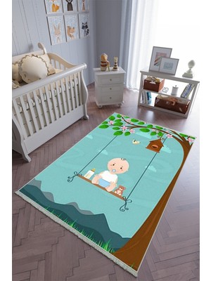 10 Post Online Çocuk Odası Halısı Mavi Yolluk Kaymaz Yuvarlak Oval Kesme Ince Yıkanabilir Halı