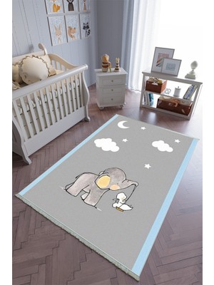 10 Post Online Çocuk Odası Halısı Mavi Gri Yolluk Kaymaz Yuvarlak Oval Kesme Ince Yıkanabilir Halı