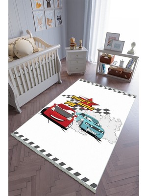 10 Post Online Çocuk Odası Halısı Beyaz Araba Erkek Yolluk Kaymaz Yuvarlak Oval Kesme Ince Yıkanabilir Halı