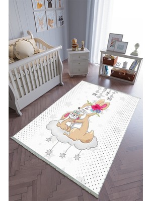 10 Post Online Çocuk Odası Halısı Bej Pembe Yolluk Kaymaz Yuvarlak Oval Kesme Ince Yıkanabilir Halı