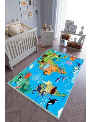 10 Post Online Çocuk Odası Halısı Mavi Yolluk Kaymaz Yuvarlak Oval Kesme Ince Yıkanabilir Halı