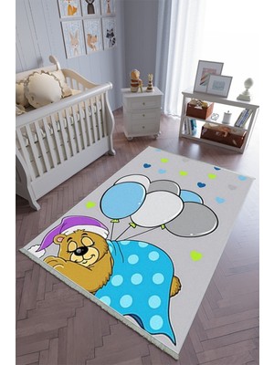 10 Post Online Çocuk Odası Halısı Gri Mavi Yolluk Kaymaz Yuvarlak Oval Kesme Ince Yıkanabilir Halı