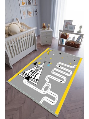 10 Post Onlineçocuk Odası Halısı Sarı Gri Yolluk Kaymaz Yuvarlak Oval Kesme Ince Yıkanabilir Halı