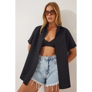 Kadın Siyah Oversize Uzun Kısa Kollu Basic Poplin Gömlek HZL22S-BD1201201