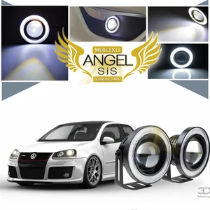 STS Oto Aksesuar Volkswagen Golf 5 Uyumlu, Universal Mercekli LED Angel Sis Farı, 76MM Beyaz Renk