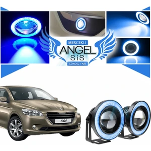STS Oto Aksesuar Peugeot 301 Uyumlu, Universal Mercekli LED Angel Sis Farı, 76MM Buz Mavi Renk
