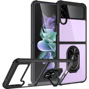Samsung Galaxy Z Flip 4 Uyumlu Kılıf Arkası Şeffaf Metal Yüzüklü Standlı Kenarları Silikon Kapak