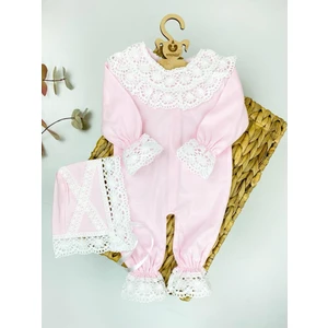 Pembe Kalın Dantelli Tulum Bebek Hastane Çıkışı Yenidoğan Set- Pembe