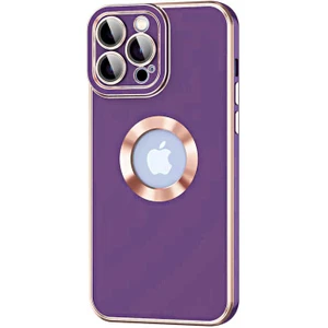 Case 4U Apple iPhone 14 Pro Max Kılıf Kamera Korumalı Parlak Kenarlı Altın Işlemeli Renkli Logo Gösteren Kongo Kapak Koyu Mor