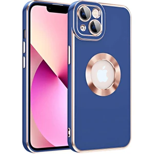 Case 4U Apple iPhone 14 Plus Kılıf Kamera Korumalı Parlak Kenarlı Altın Işlemeli Renkli Logo Gösteren Kongo Kapak Lacivert
