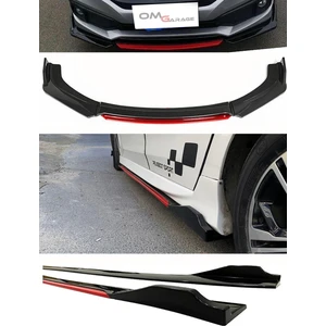Omg Oto Seat Leon 2012-2020 Kırmızı Şeritli Ön Lip ve Yan Marşpiyel Seti Piona Black