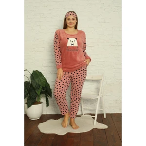 Kadın Cepli Puantiyeli Büyük Beden Polar Pijama Takımı 2141