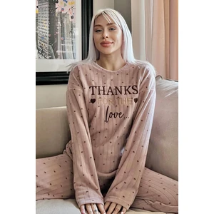 Pijama Evi Kahve Thanks Desenli Peluş Polar Pijama Takımı