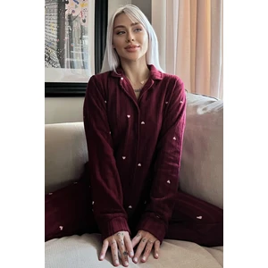 Pijama Evi Bordo Kalp Desenli Önden Düğmeli Peluş Polar Pijama Takımı