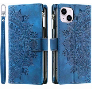 Xstep Case Xstepcase iPhone 14 Plus Için Telefon Kabuğu, Anti-Cratch Mandala Çiçek Basılı Pu Deri Kapak Standı Çoklu Kart Yuvası Zipper Cep Cüzdan Kılıfı (Yurt Dışından)