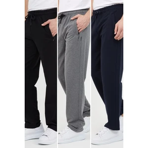 Siyah-Lacivert-Antrasit Erkek Büyük Beden 3'lü Düz Paça Cep Fermuar Detaylı Rahat Kesim Eşofman Altı