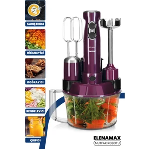 Elenamax Mor 1000 Watt Hız Ayarlı %100 Bakır Motor 5 In 1 Mutfak Robotu Multi Blender Seti