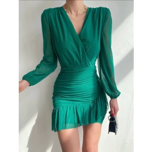 My Model Yeşil Mini Dekolteli Tül Elbise