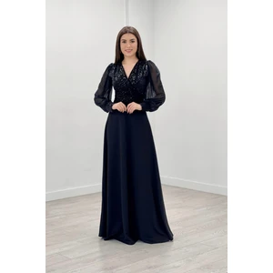 giyimmasalı Payet Kumaş Kolları Tül Abiye Elbise - Siyah