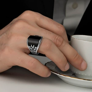 Modern Takı Siyah Oniks Taşlı Modern Gümüş Erkek Yüzük