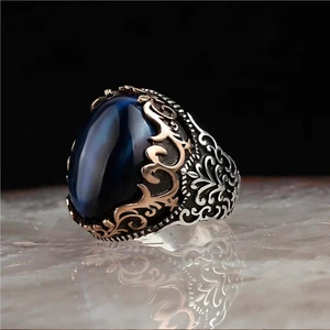 Modern Takı Mavi Topaz Taşlı Erkek Gümüş Yüzük