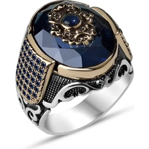 Modern Takı Safir Taşlı Erkek Gümüş Yüzük 925 Ayar