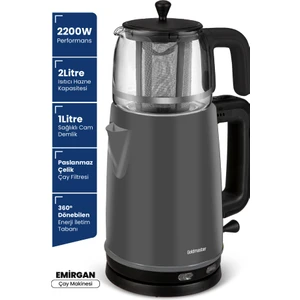 Emirgan Antrasit  2200 Watt Geniş Hazneli Paslanmaz Çelik Çay Makinesi ve Su Isıtıcısı